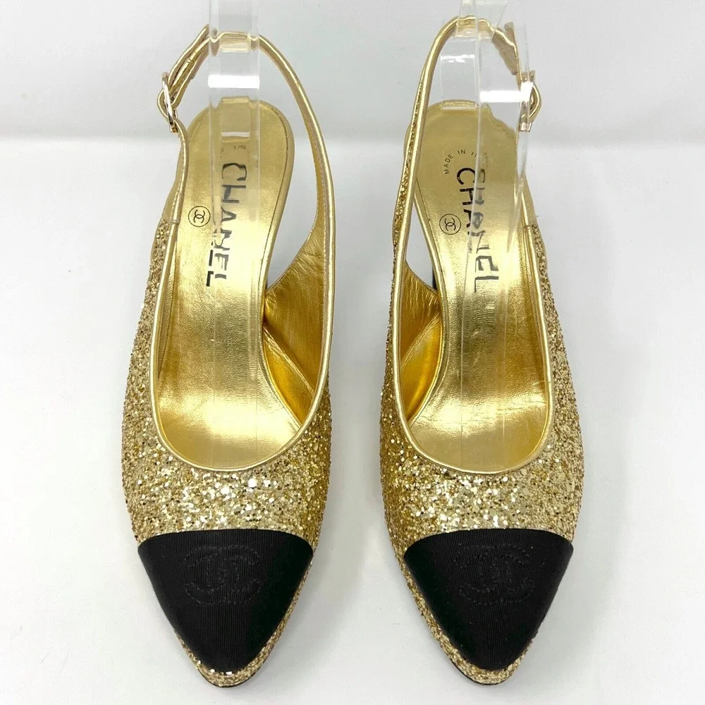 Chanel Gold Glitter Cap Toe Slingback Heels‎ Platform 38